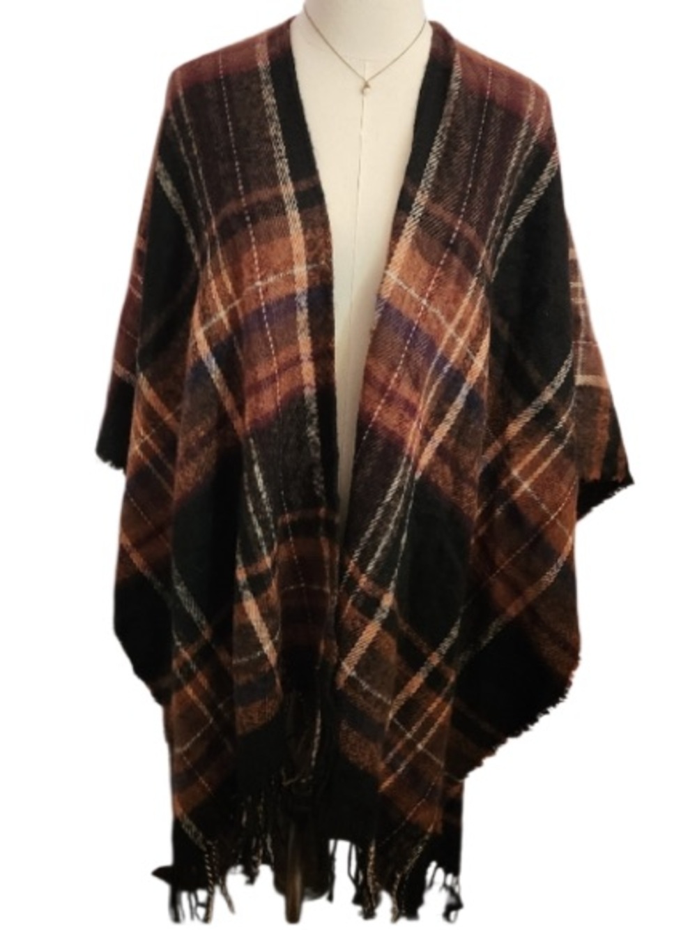 Apt. 9 Plaid Fringe Ruana in Brown & Black. Open front or closed. Fall weather